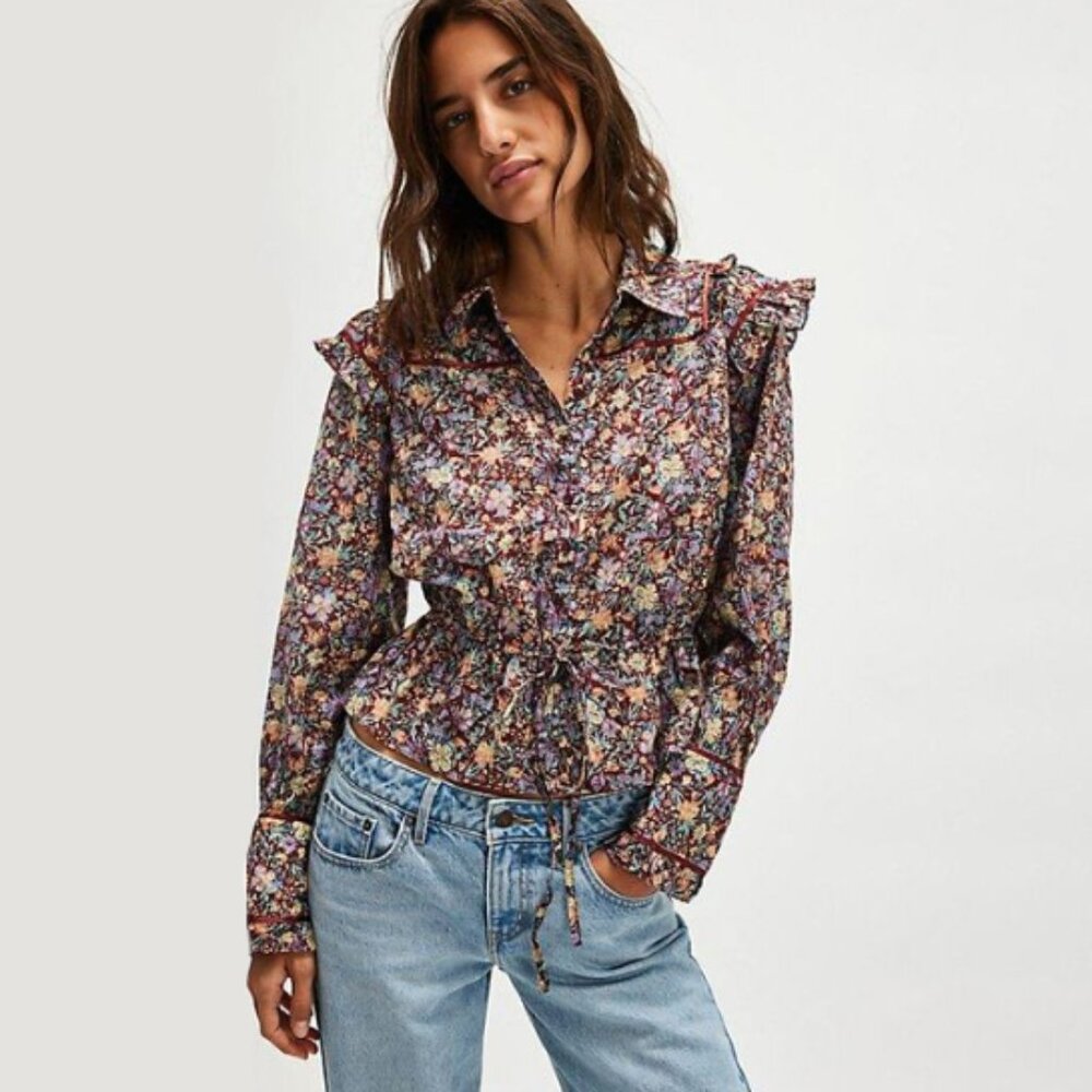 Free People Daybreak Printed‎ Blouse Red Brick Combo Medium